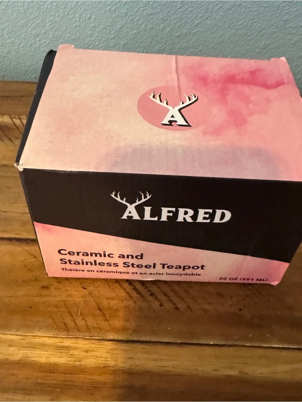 NWT Alfred Light Blue Ceramic Teapot with Pink Floral Pattern and Infuser